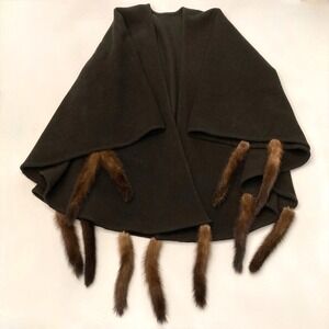 Lena Gabrielle Wool Cape Genuine Mink Dangles Brown Unlined Made in USA